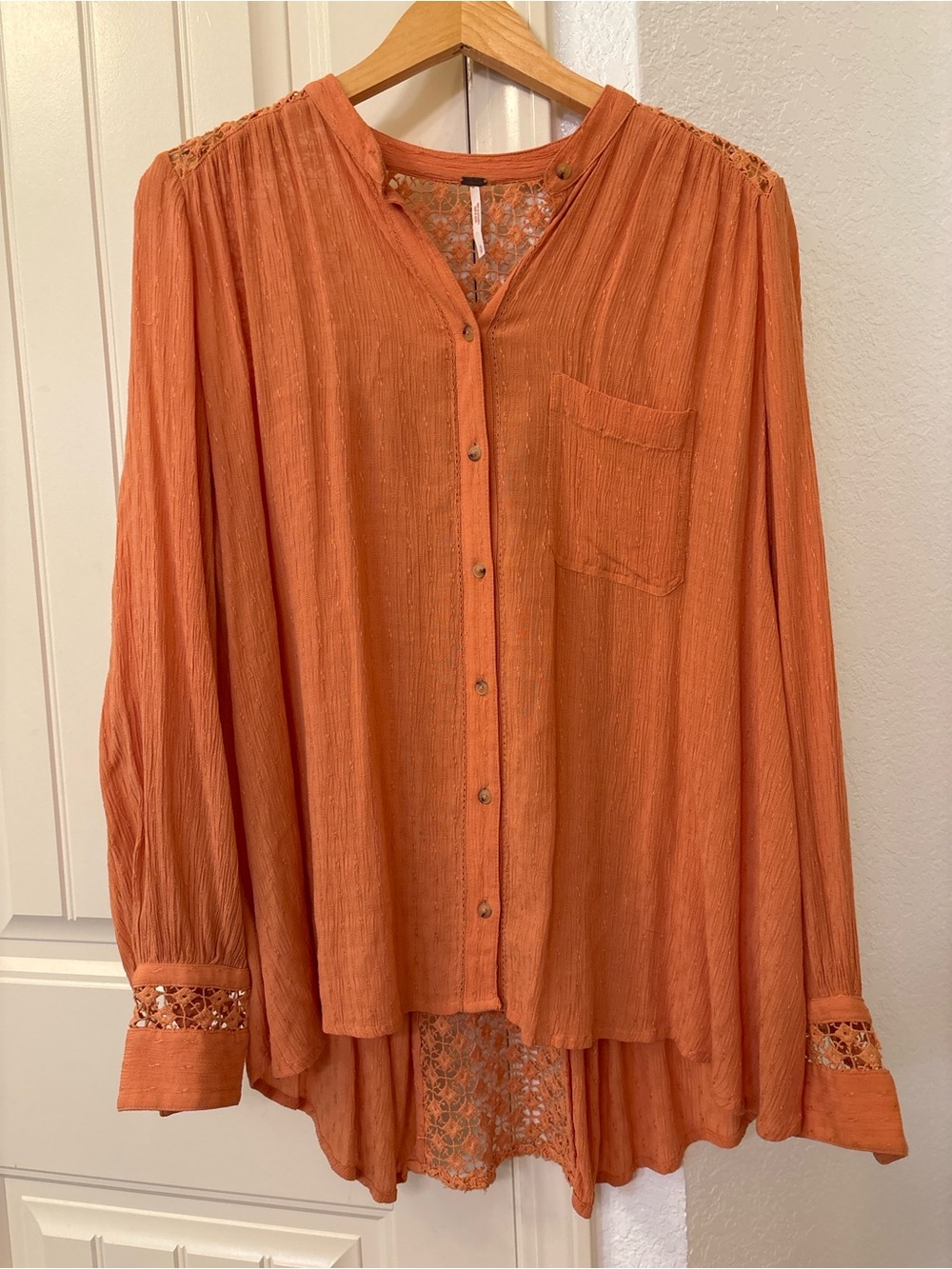 Free People Boho Crochet Lace Button Front Tunic Blouse Small Orange